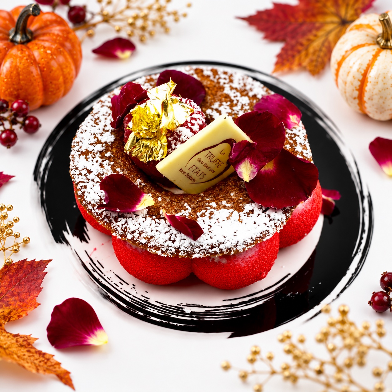 Entremets rouge or et petales dautomne